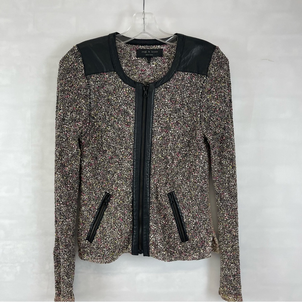 Rag & Bone New York Tweed Knit Jacket with Lamb‎ Leather Trim Size S